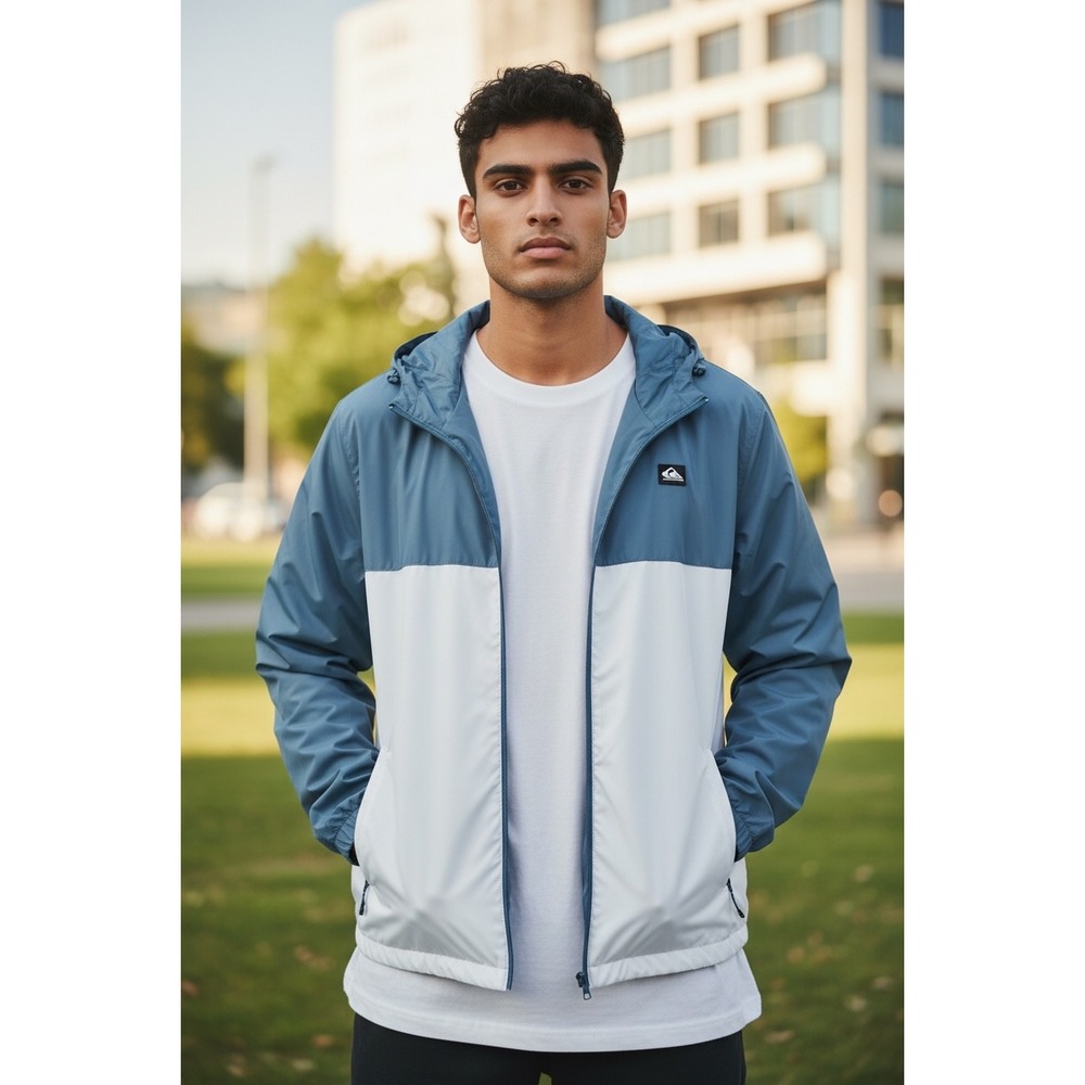 Quiksilver Mens Packable Windbreaker Jacket Pool Blue White XL  DryFlight